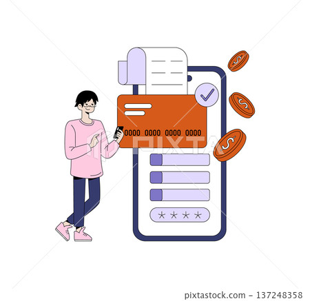 Vector illustration depicting a person making a mobile payment using a smartphone and credit card interface. Coins and receipt icons enhance the digital transaction theme. Vector illustration depicting a person making a mobile payment using a smartphone and credit card interface. Coins and receipt icons enhance the digital transaction theme. 137248358