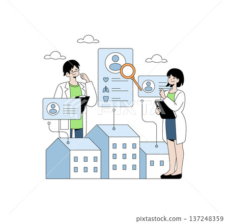 Vector illustration of healthcare professionals reviewing digital medical records, showcasing integration of technology in healthcare. Features two medical experts interacting with digital data. 137248359