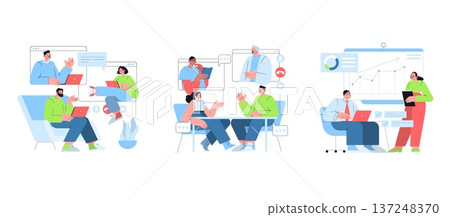 Business team engaging in a virtual meeting, discussing projects through video call and reviewing data on screen. Team members collaborate remotely using laptops. Vector illustration. 137248370