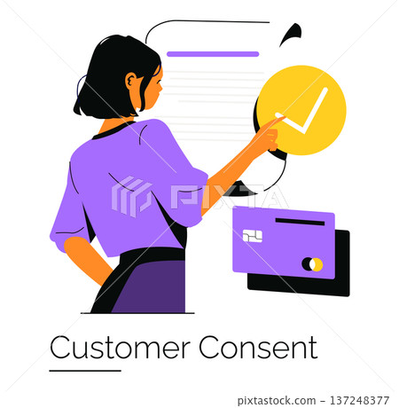 Vector illustration depicting a woman confirming customer consent through a digital form, highlighting the consent process with a visible checkmark and credit card icon. Vector illustration depicting a woman confirming customer consent through a digital form, highlighting the consent process with a visible checkmark and credit card icon. 137248377