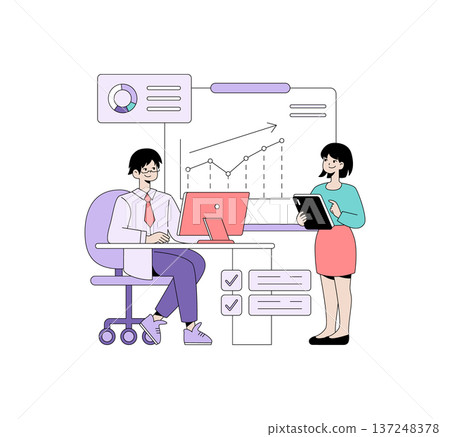 Vector illustration of two professionals collaborating on business growth. One seated at a desk with a chart on a screen and the other standing with a tablet, both engaged in planning. Vector illustration of two professionals collaborating on business growth. One seated at a desk with a chart on a screen and the other standing with a tablet, both engaged in planning. 137248378