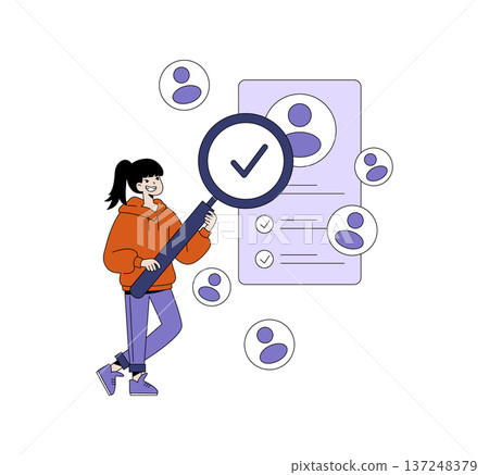 Vector illustration shows a woman holding a magnifying glass, examining a list of user profiles with check marks, suggesting careful analysis and verification in a digital context. Vector illustration shows a woman holding a magnifying glass, examining a list of user profiles with check marks, suggesting careful analysis and verification in a digital context. 137248379