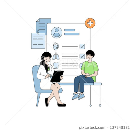 Vector illustration of a doctor consulting a young patient during a medical checkup. The doctor holds a clipboard while discussing the patient's health in a clinical setting with visible health charts Vector illustration of a doctor consulting a young patient during a medical checkup. The doctor holds a clipboard while discussing the patient's health in a clinical setting with visible health charts 137248381