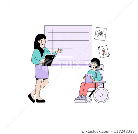 Vector illustration of a teacher explaining a lesson to a smiling student in a wheelchair. The classroom setting includes a board with drawings, emphasizing inclusive education. Vector illustration of a teacher explaining a lesson to a smiling student in a wheelchair. The classroom setting includes a board with drawings, emphasizing inclusive education. 137248382