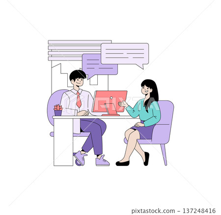 Vector illustration of two people engaged in a business meeting discussion at an office desk. Both individuals are animatedly exchanging ideas, with speech bubbles illustrating conversation. 137248416