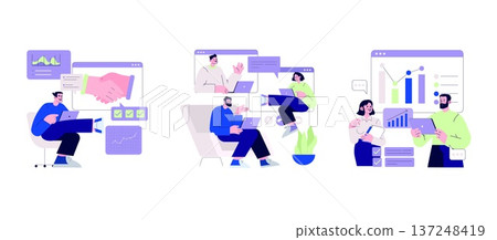 Vector illustration showing businesspeople collaborating online. Charts, graphs, and digital tools highlight teamwork, data analysis, and effective communication in a virtual setting. Vector illustration showing businesspeople collaborating online. Charts, graphs, and digital tools highlight teamwork, data analysis, and effective communication in a virtual setting. 137248419