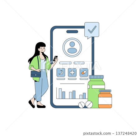 Woman interacts with a health mobile app on her smartphone. The app interface is visible on a large screen with health metrics and medication icons. Vector illustration. Woman interacts with a health mobile app on her smartphone. The app interface is visible on a large screen with health metrics and medication icons. Vector illustration. 137248420