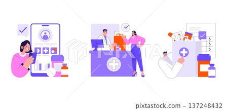 Vector illustration showing a woman using a medical app on her phone, a pharmacist assisting a customer, and a doctor recommending medicines. Ideal for digital health concepts. 137248432