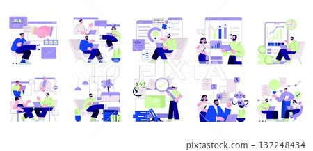 Set of vector illustrations depicting collaborative office and remote work scenarios. Includes scenes with laptops, virtual meetings, data analysis, and teamwork in a digital environment. Set of vector illustrations depicting collaborative office and remote work scenarios. Includes scenes with laptops, virtual meetings, data analysis, and teamwork in a digital environment. 137248434