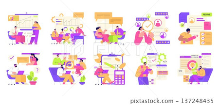 Business professionals engaged in strategic planning and teamwork. Charts, graphs, and digital communication tools create an interactive environment. Vector illustration of office collaboration. 137248435