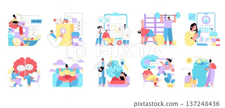 Vector illustration depicting people participating in various health and wellness activities. Scenes include diet planning, doctor consultations, exercising, meditation, mental health discussions, and Vector illustration depicting people participating in various health and wellness activities. Scenes include diet planning, doctor consultations, exercising, meditation, mental health discussions, and 137248436