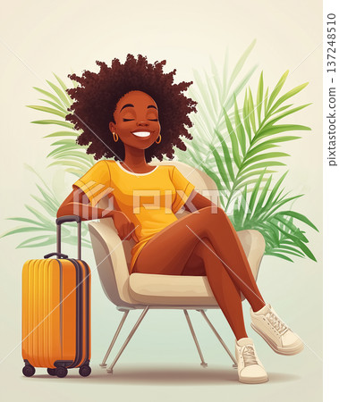 Illustration of happy young African American woman relaxing in modern chair next to bright orange suitcase in room at the airport waiting for travel adventure to begin on vacation 137248510
