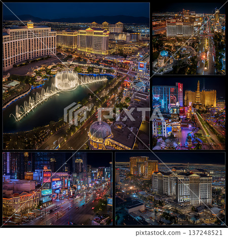 拉斯維加斯夜景插圖，包括艾菲爾鐵塔和噴泉 137248521