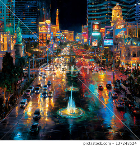 拉斯維加斯夜景插圖，包括艾菲爾鐵塔和噴泉 137248524