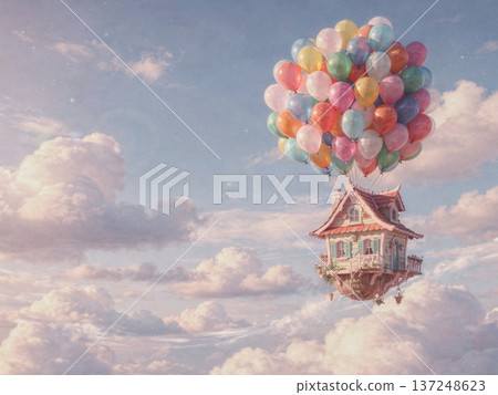 天空氣球漂浮房屋的幻想 137248623