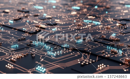 Circuit board with glowing blue and orange LED lights showing electronic pathways and microchips in modern technology design 137248663