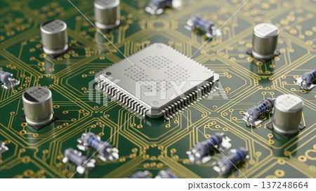 Circuit board with microprocessor chip capacitors resistors electronic components green PCB close-up macro photography technology hardware 137248664