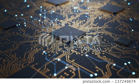 Modern semiconductor processor chip on circuit board with glowing blue LED connections and golden copper traces showing advanced technology innovation 137248674