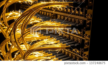 Network server rack with illuminated fiber optic cables showing data transmission sparks in modern data center infrastructure technology Network server rack with illuminated fiber optic cables showing data transmission sparks in modern data center infrastructure technology 137248675