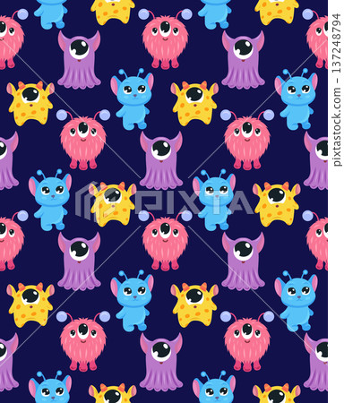 Vector seamless pattern with bizarre cartoon aliens. Texture with happy monsters on dark violet background 137248794