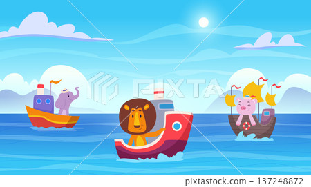 Animal boating. Ocean background with boating little animals exact vector template Animal boating. Ocean background with boating little animals exact vector template 137248872
