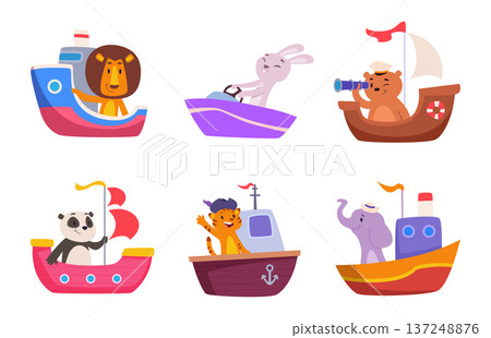 Animals boating. Stylized sailor pictures with animals sailors in ocean adventures exact vector characters on ship and yacht Animals boating. Stylized sailor pictures with animals sailors in ocean adventures exact vector characters on ship and yacht 137248876