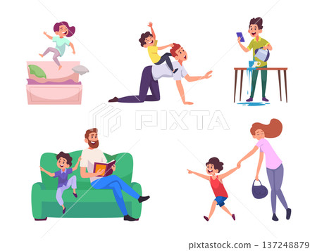 Kids hyperactive. Concept csenes with active playing children impulsivity inattention adhd problems exact vector template Kids hyperactive. Concept csenes with active playing children impulsivity inattention adhd problems exact vector template 137248879