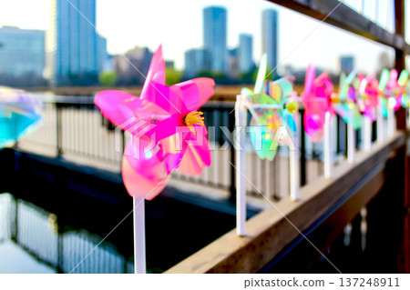 [Tokyo] Spring in Ueno Park: Shinobazu Pond lined with cherry blossom-shaped windmills 137248911