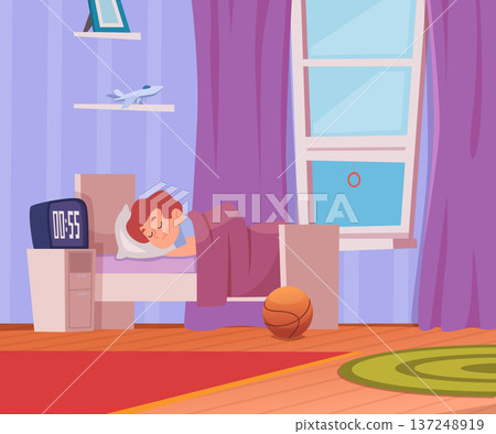 Sleeping boy. interior of kids room. sleeping character in cartoon style 137248919