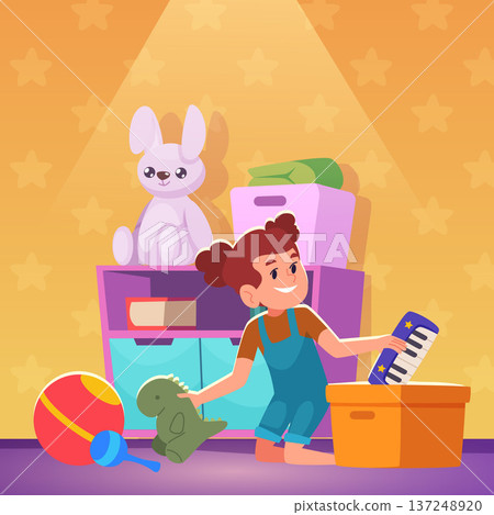 Put away toys. kid cleaning self room. vector cartoon background Put away toys. kid cleaning self room. vector cartoon background 137248920