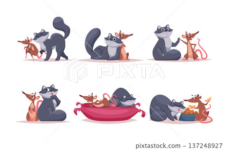Mouse and cat. friendship of little kitten and rat or mouse. vector cartoon characters Mouse and cat. friendship of little kitten and rat or mouse. vector cartoon characters 137248927