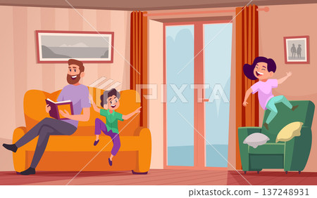 Hyperactive children. kids playing in room interior. vector cartoon Hyperactive children. kids playing in room interior. vector cartoon 137248931