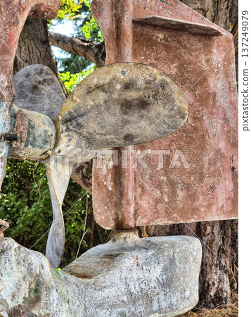 the back of a boat with a propeller. metal stern. close up the back of a boat with a propeller. metal stern. close up 137249079