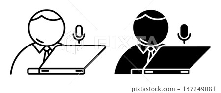 Linear icon. Office employee undergoes an online interview while sitting at his workstation using laptop. Simple vector isolated on white background Linear icon. Office employee undergoes an online interview while sitting at his workstation using laptop. Simple vector isolated on white background 137249081