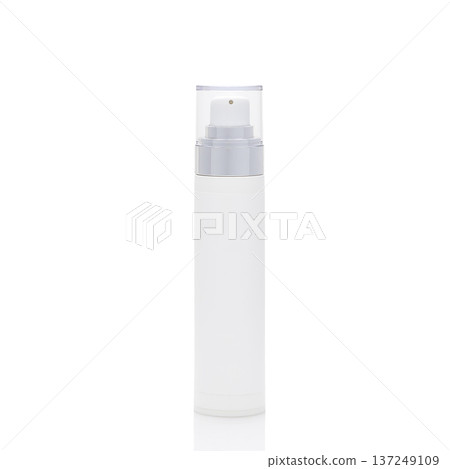 White opaque plastic dispenser bottle with a pump sprayer and clear cap promoting various skincare and body care products, isolated on a white background with reflection for commercial mockups 137249109