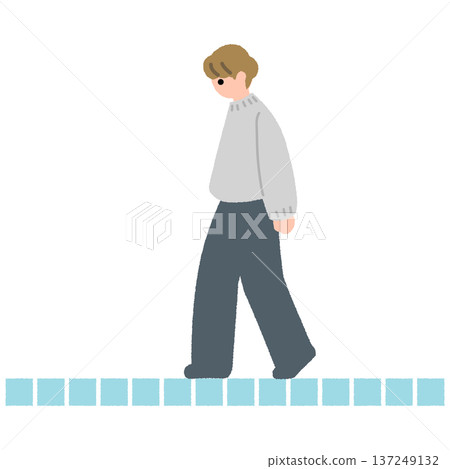 Flat illustration of a person walking on a floor made of successive small blocks Flat illustration of a person walking on a floor made of successive small blocks 137249132