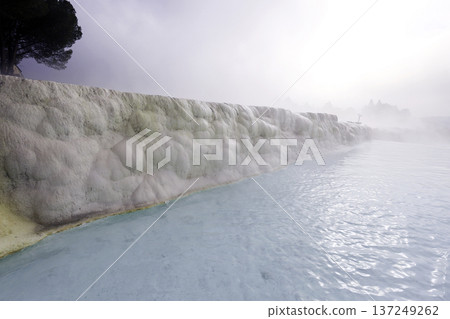 Panoramic view of travertine at Pamukkale, Turkey 137249262