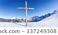 Panorama of winter landscape with cross and snow covered Alps in Seefeld inTirol, Austria 137249308