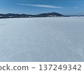 Aerial photo of Lake Saroma and Cape Kimuaneppu snow fields in winter 137249342