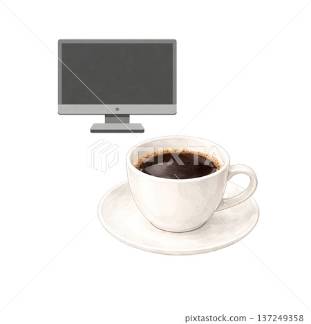 水彩咖啡杯和顯示器剪紙素材遠距辦公圖片 137249358