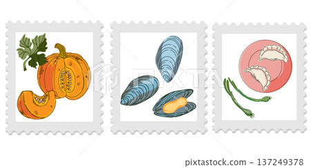 Three cute and cozy stamps with food illustrations, bright and juicy colors, naive style of execution. Appetizing drawings. Groomed elements, set. Three cute and cozy stamps with food illustrations, bright and juicy colors, naive style of execution. Appetizing drawings. Groomed elements, set. 137249378