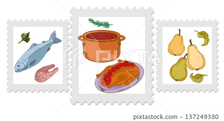 Three cute and cozy stamps with food illustrations, bright and juicy colors, naive style of execution. Appetizing drawings. Groomed elements, set. Three cute and cozy stamps with food illustrations, bright and juicy colors, naive style of execution. Appetizing drawings. Groomed elements, set. 137249380