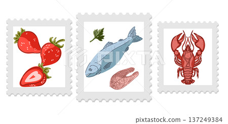 Three cute and cozy stamps with food illustrations, bright and juicy colors, naive style of execution. Appetizing drawings. Groomed elements, set. 137249384