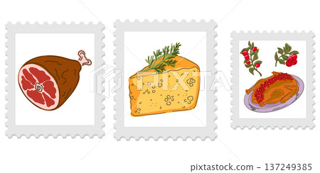 Three cute and cozy stamps with food illustrations, bright and juicy colors, naive style of execution. Appetizing drawings. Groomed elements, set. 137249385