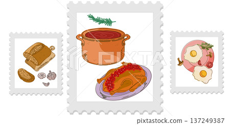 Three cute and cozy stamps with food illustrations, bright and juicy colors, naive style of execution. Appetizing drawings. Groomed elements, set. Three cute and cozy stamps with food illustrations, bright and juicy colors, naive style of execution. Appetizing drawings. Groomed elements, set. 137249387