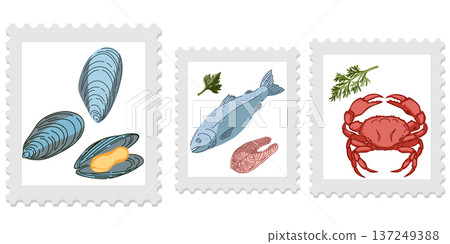 Three cute and cozy stamps with food illustrations, bright and juicy colors, naive style of execution. Appetizing drawings. Groomed elements, set. Three cute and cozy stamps with food illustrations, bright and juicy colors, naive style of execution. Appetizing drawings. Groomed elements, set. 137249388