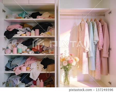 Open wardrobe contrasts chaos and order: left shelves overflow with mixed clothes, beauty items 137249396