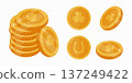 A collection of illustrations with shiny gold coins with a clover emblem. A symbol of good luck, prosperity, and wealth for celebrating St. Patricks Day. Graphic design elements. 137249422