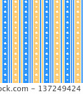 Bright pattern in vertical blue and orange stripes, decorated with flowers. Vector seamless print in a Scandinavian style for printing, wallpaper, childrens textiles. A cute and simple pattern. 137249424