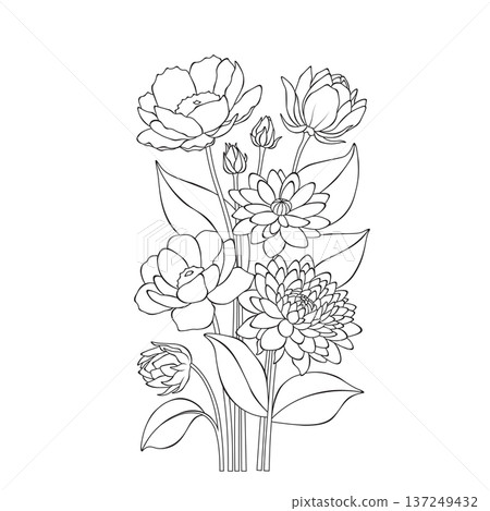 Hand drawn wildflower bouquet, elegant botanical outline illustration Hand drawn wildflower bouquet, elegant botanical outline illustration 137249432